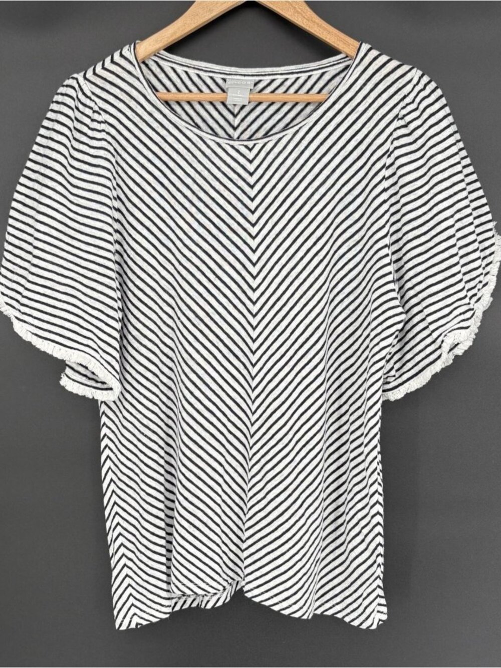 Chicos Women's Linen Striped Pullover Top Size 2 (L) Black White Flutter Sleeves